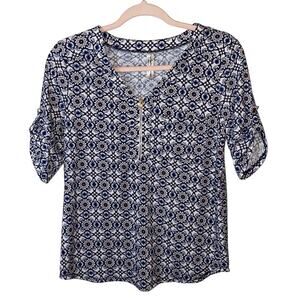 PerSeption Concept Blue White Print Blouse Small Half Zip Roll Tab Sleeve Top